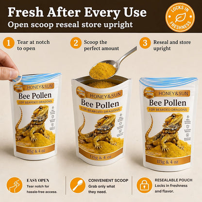 Detailed view of the 115 gram organic bee pollen packaging