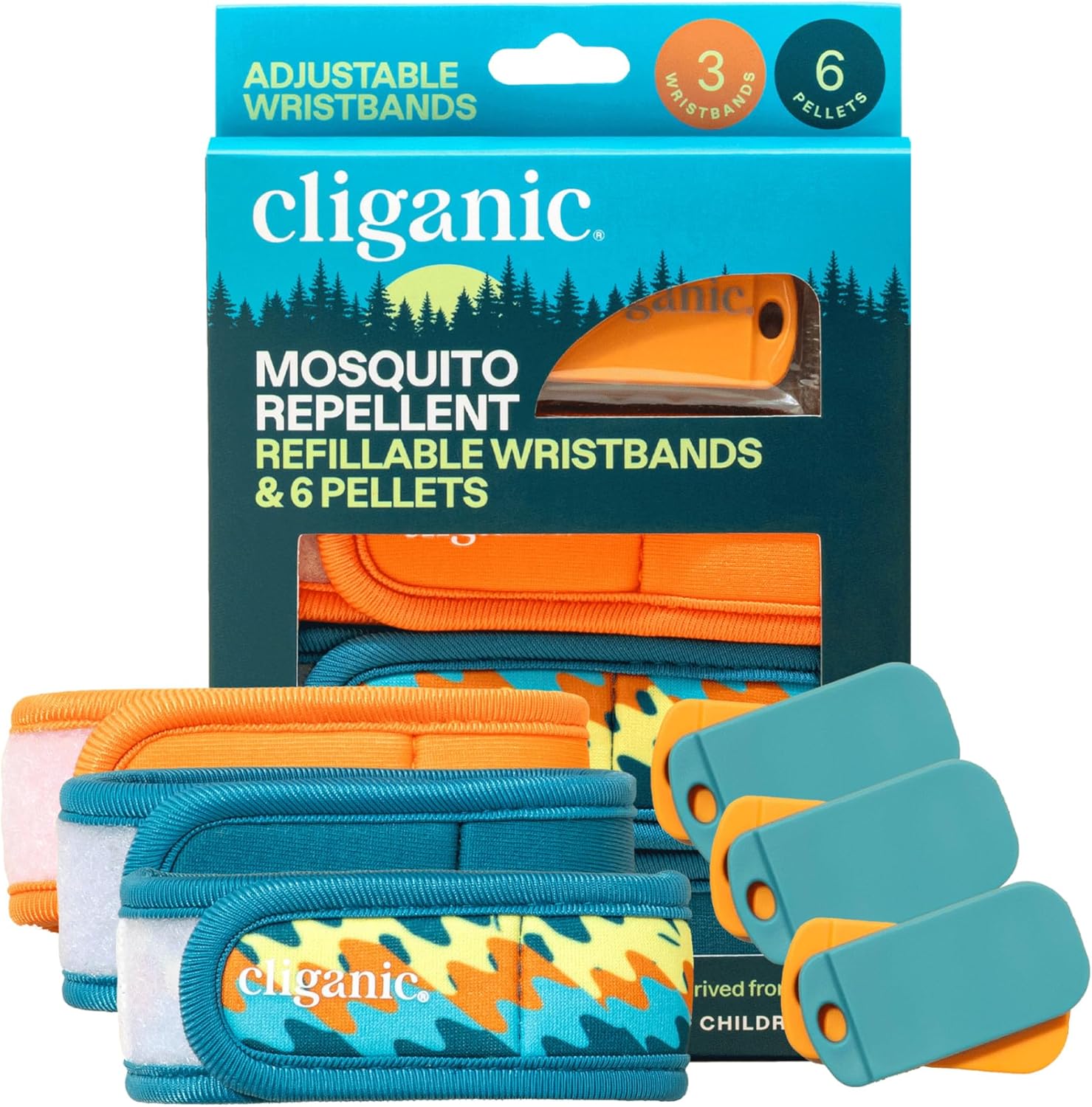 Cliganic Mosquito Repellent Pack showing three adjustable wristbands and six refill pellets
