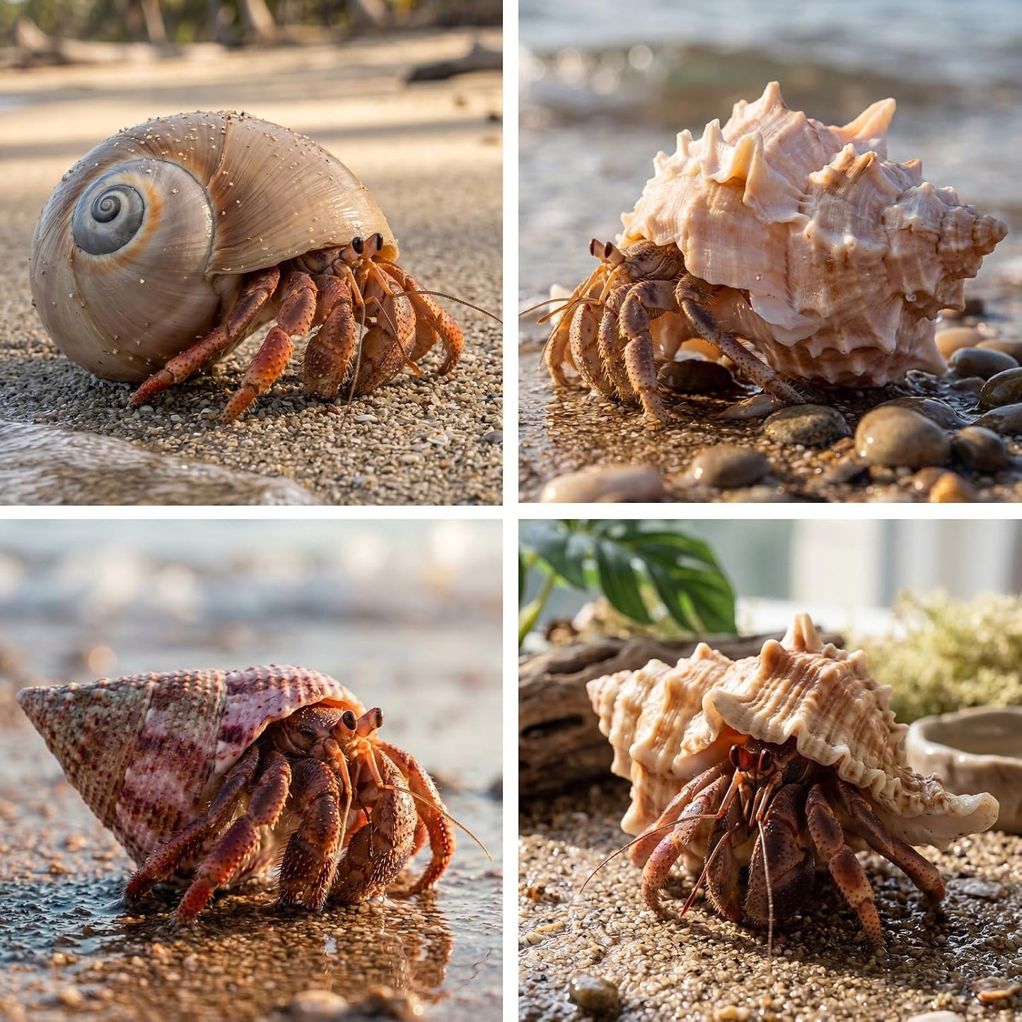 Eight pieces of unpainted organic hermit crab growth shells laid out sequentially