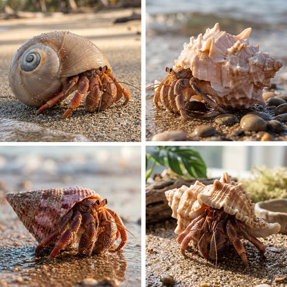 Eight pieces of unpainted organic hermit crab growth shells laid out sequentially