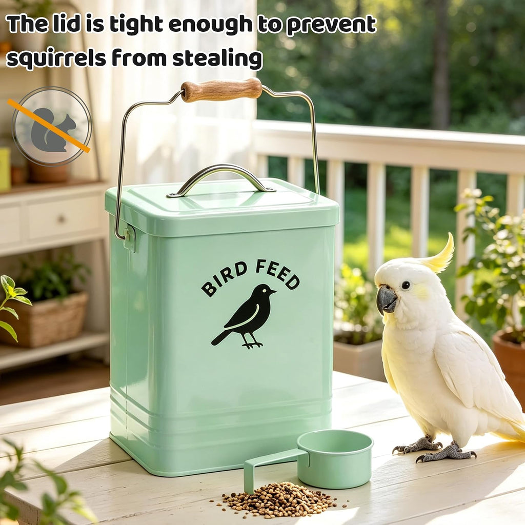 Candco metal bird food storage bucket displaying opaque body.