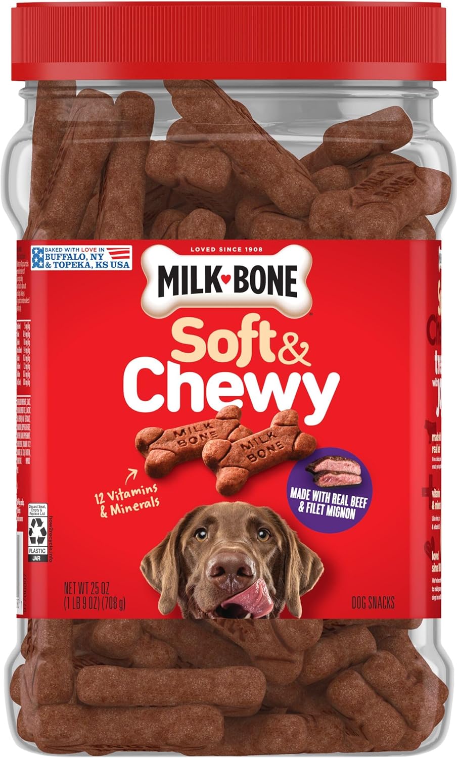 Milk-Bone 25 Ounce canister soft chewy real beef flavor pet treats side view