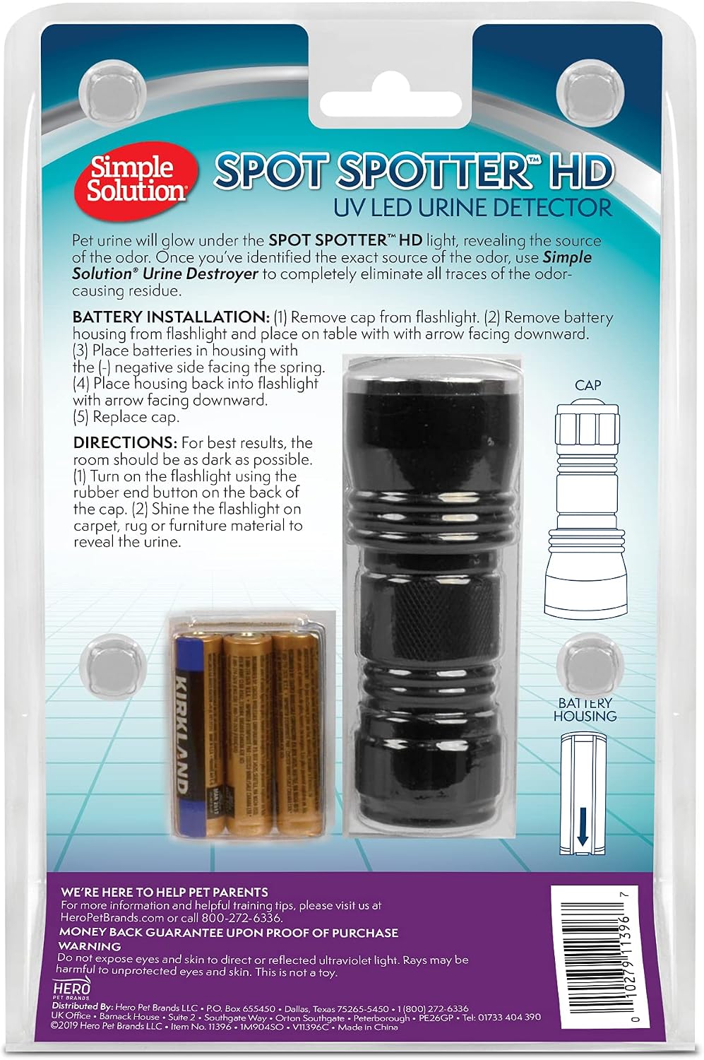 Simple Solution pet odor locator flashlight demonstrating stain visibility