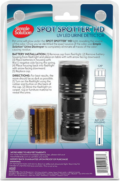 Simple Solution pet odor locator flashlight demonstrating stain visibility