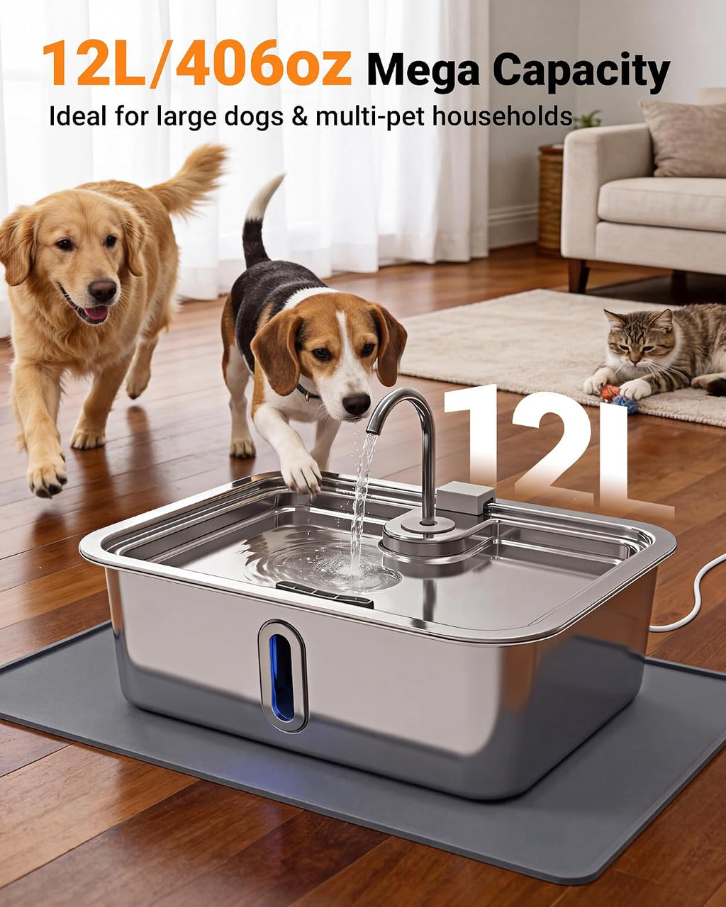 Stainless steel pet water fountain with silicone mat and filters