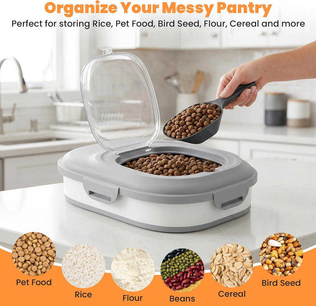 Dog food storage container in collapsed state for space saving
