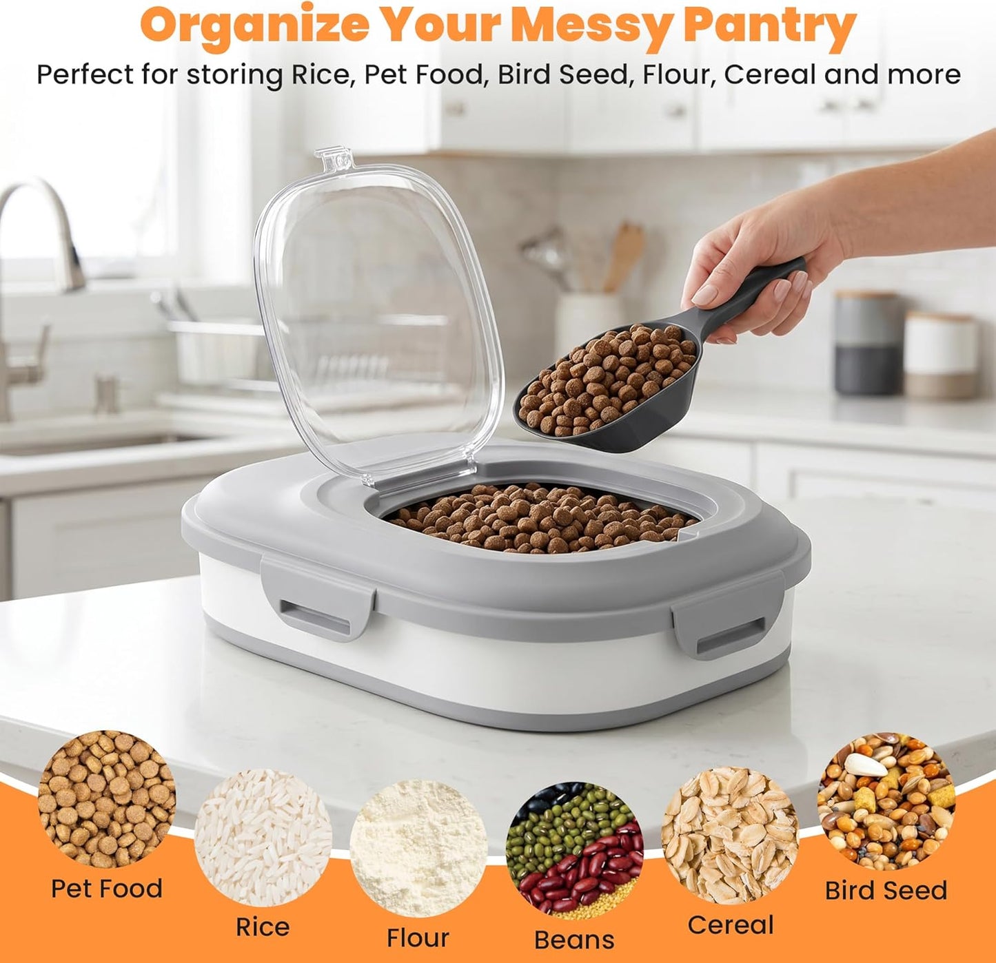Dog food storage container in collapsed state for space saving