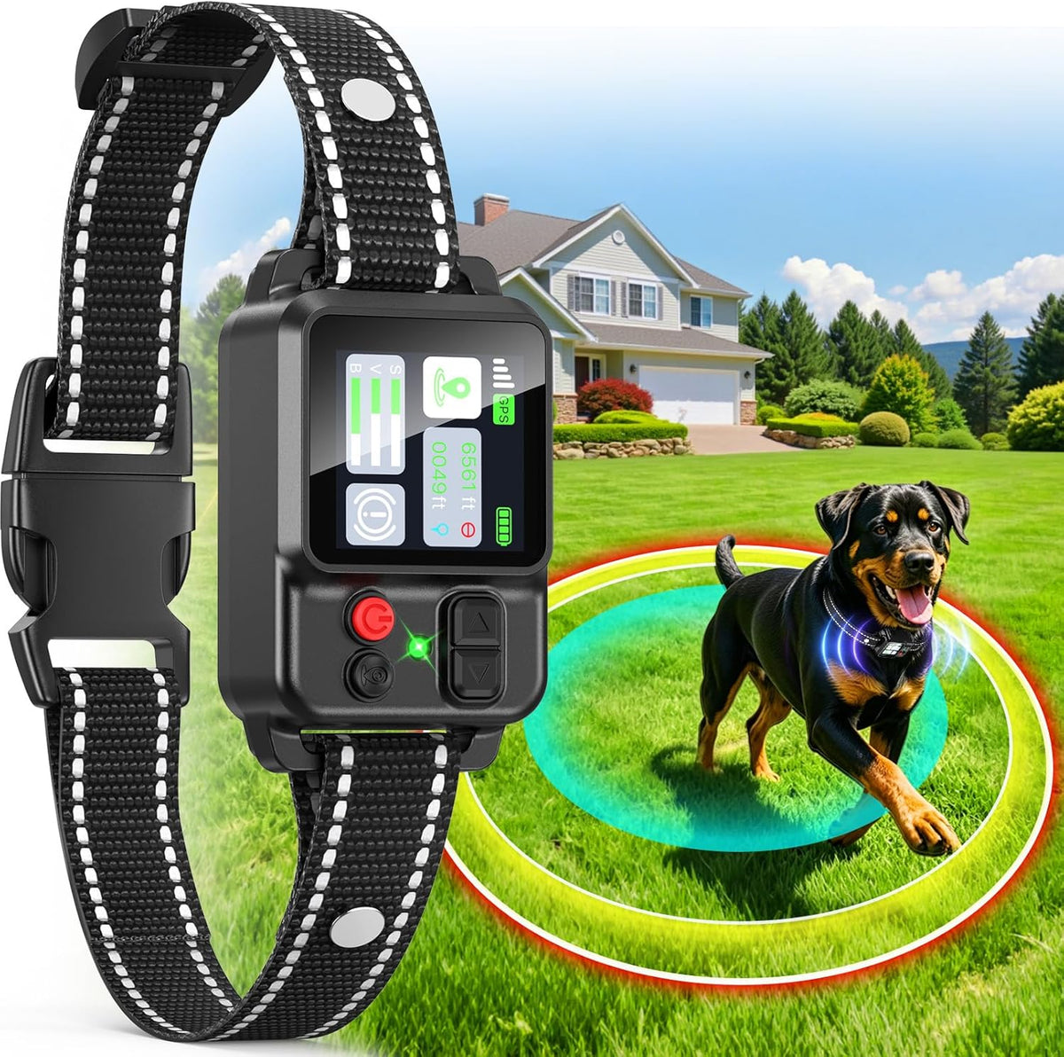 PETHEY GPS Wireless Dog Fence System front view showing the midnight black rechargeable collar receiver.