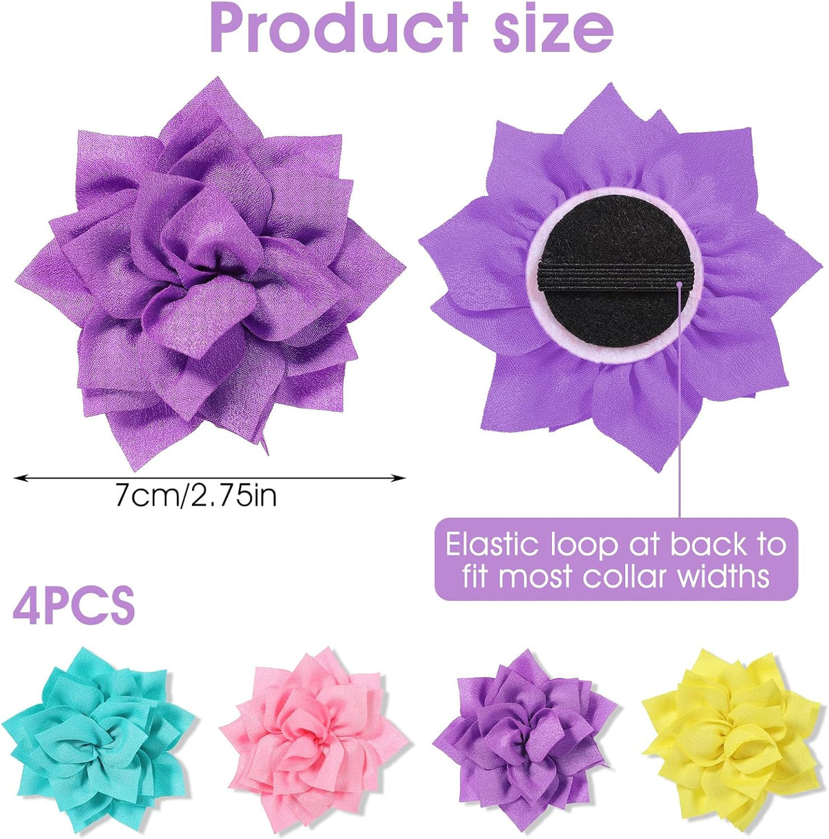 Four colorful floral pet accessories for collars