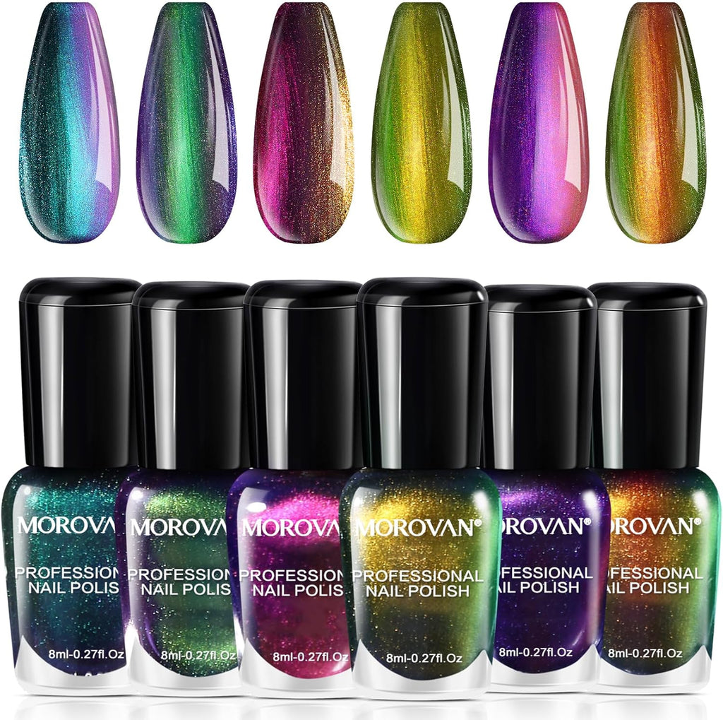 Morovan holographic metallic nail polish front view of the 6 color set box