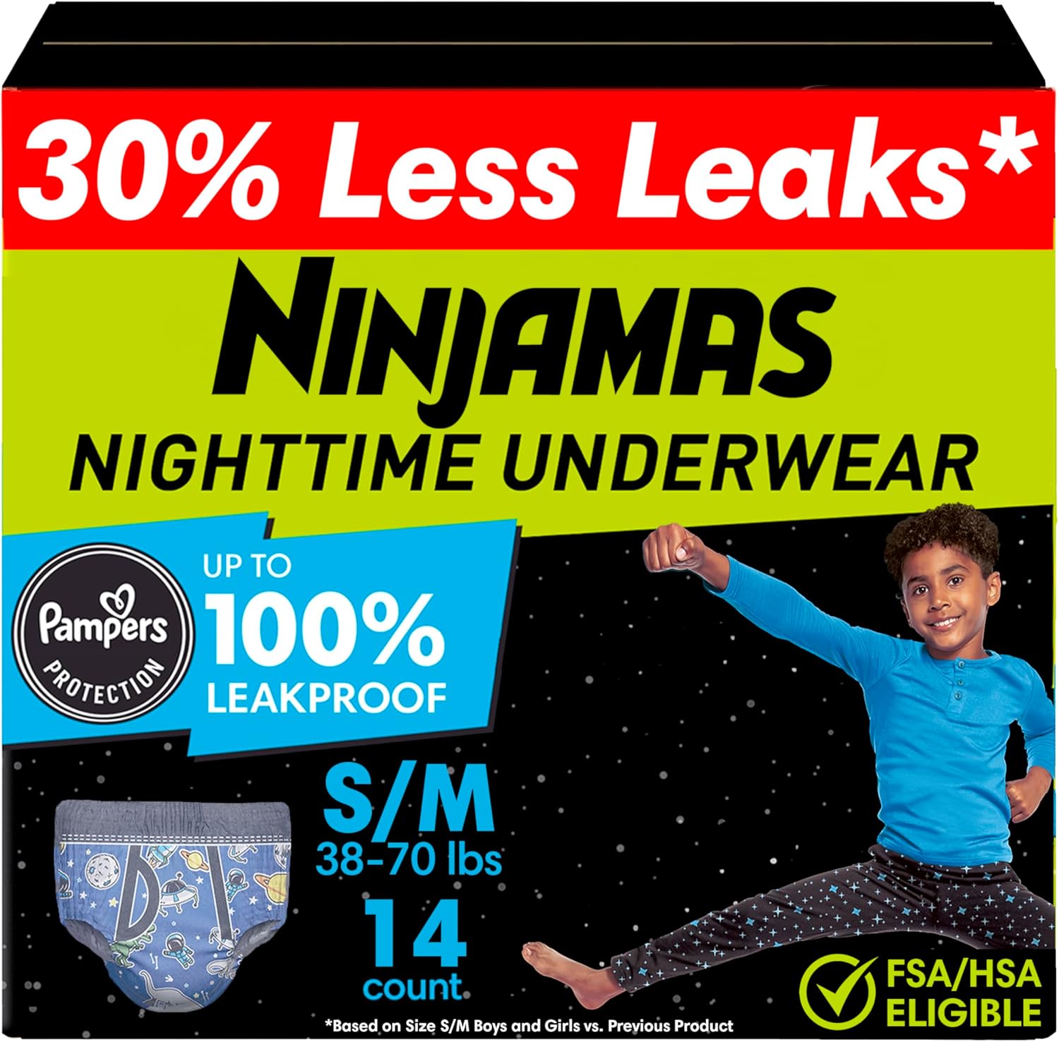 Ninjamas boys bedwetting nighttime underwear package front view showing absorbing features
