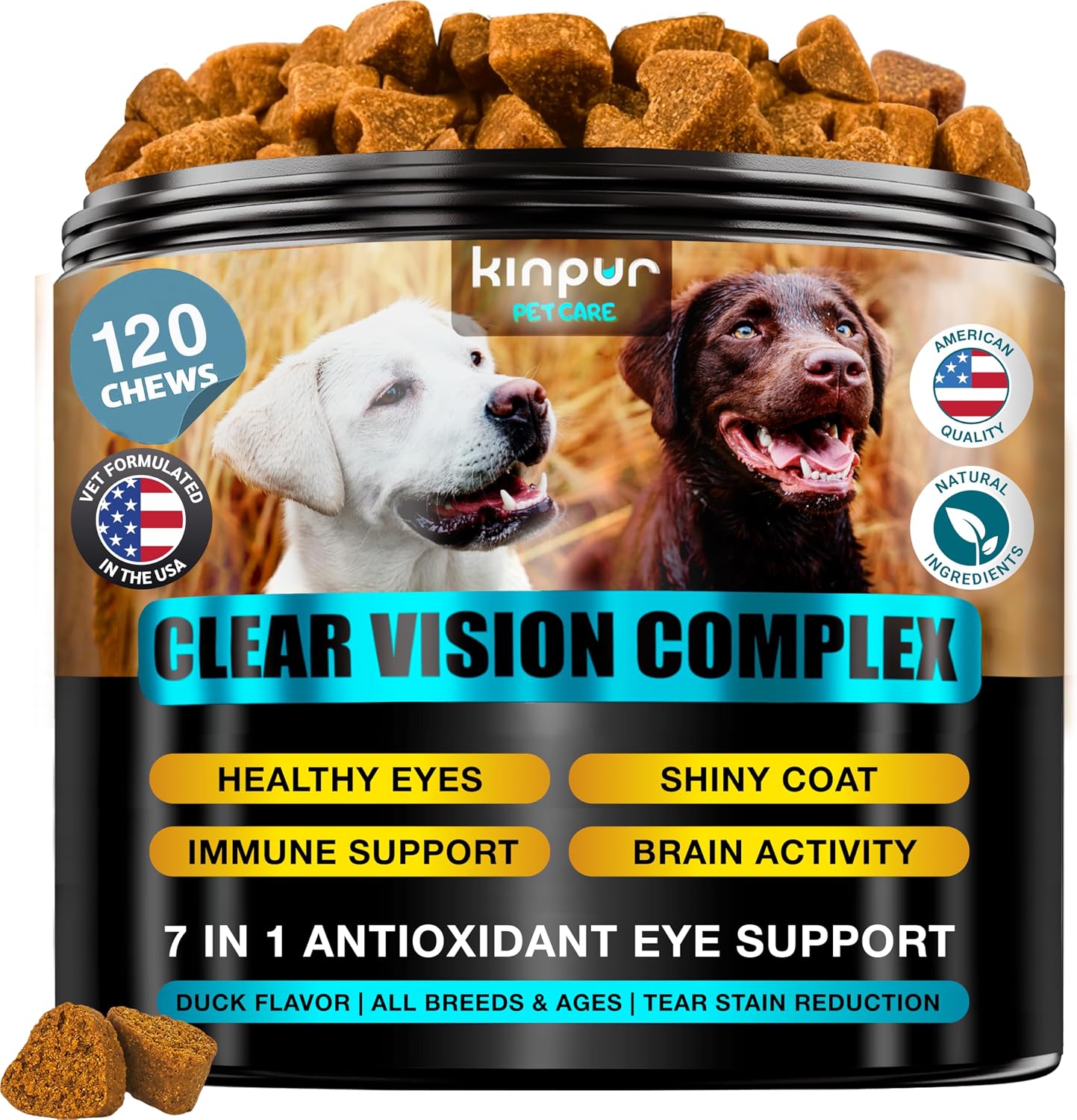 Kinpur Pet Care Clear Vision Eye Vitamins for Dogs front label showing 120 soft chews