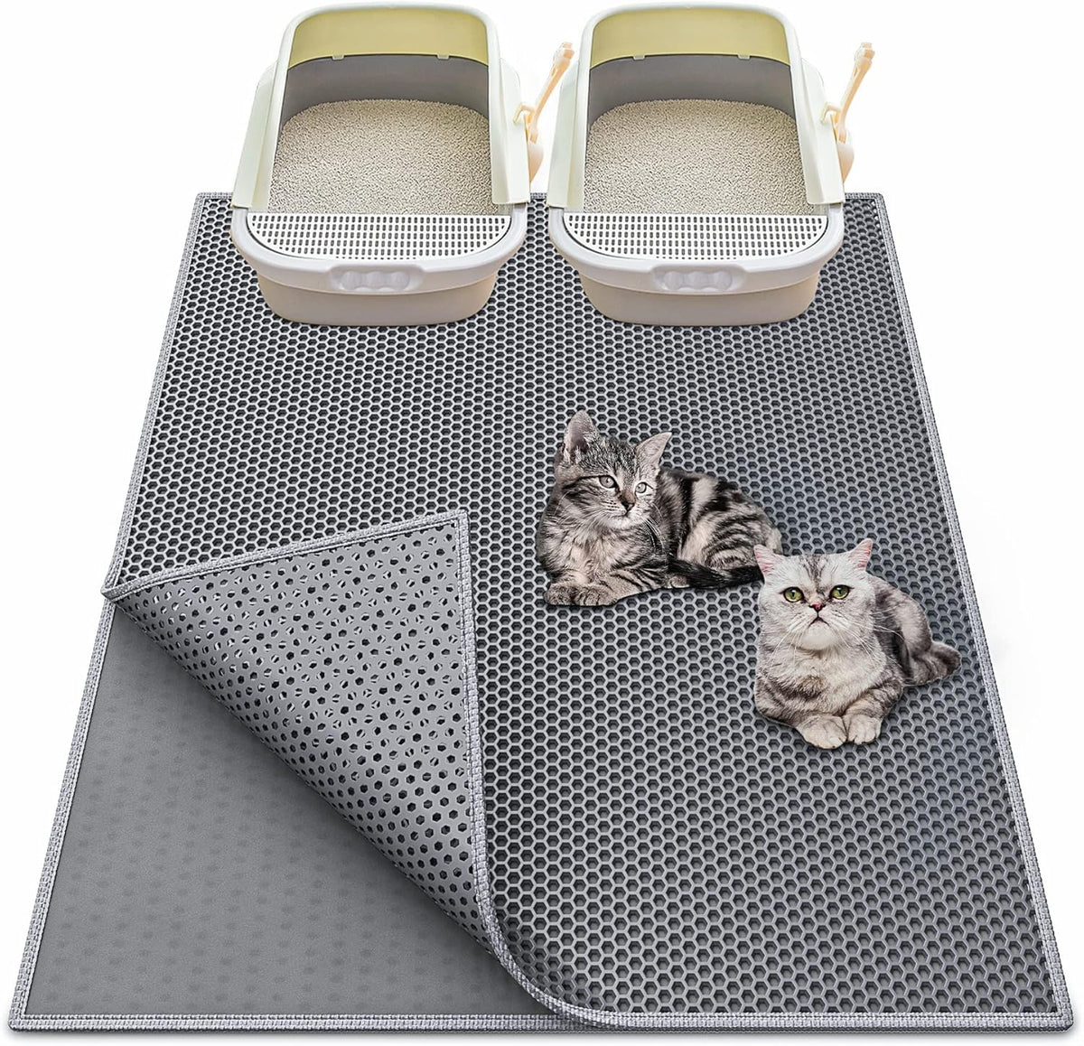 Waretary extra large grey cat litter box mat front view showing honeycomb double layer structure