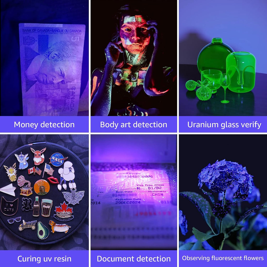 Durable aluminum alloy UV light detector shown alongside three included AAA batteries.