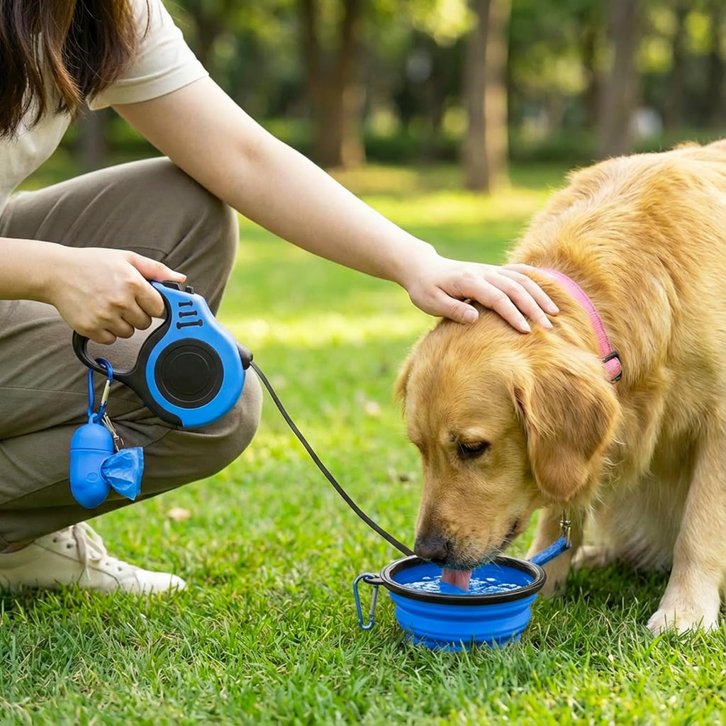 Petimp dog leash with waste bag dispenser and bowl