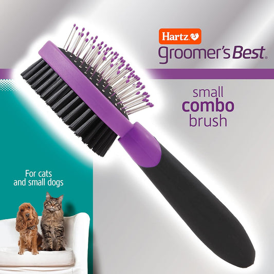 Dual sided pet grooming brush showing stainless steel detangling pins with protective tips
