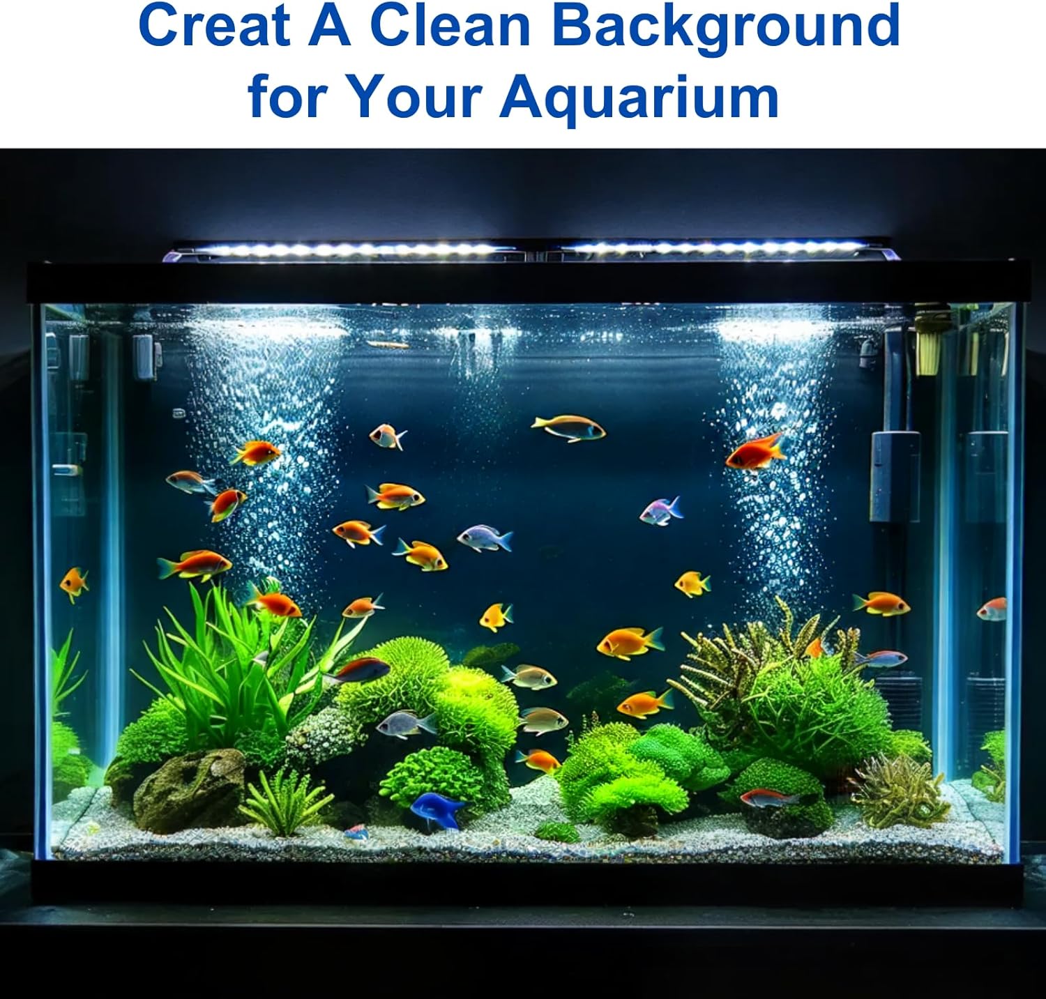 Step by step installation illustration of trimming and applying the ELEBOX vinyl fish tank background poster