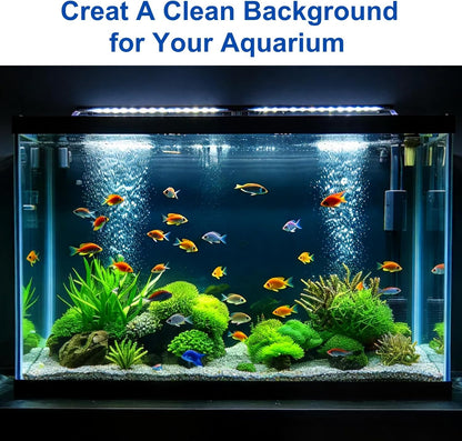 Step by step installation illustration of trimming and applying the ELEBOX vinyl fish tank background poster
