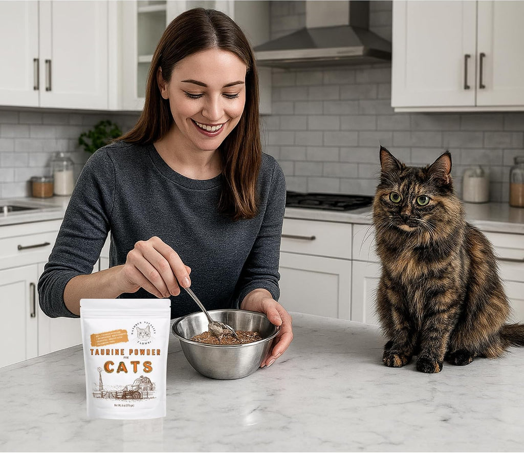 Puravita cat taurine supplement packaging emphasizing heart and vision health benefits for kittens and adult cats.