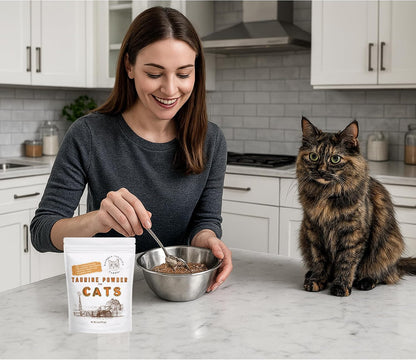 Puravita cat taurine supplement packaging emphasizing heart and vision health benefits for kittens and adult cats.