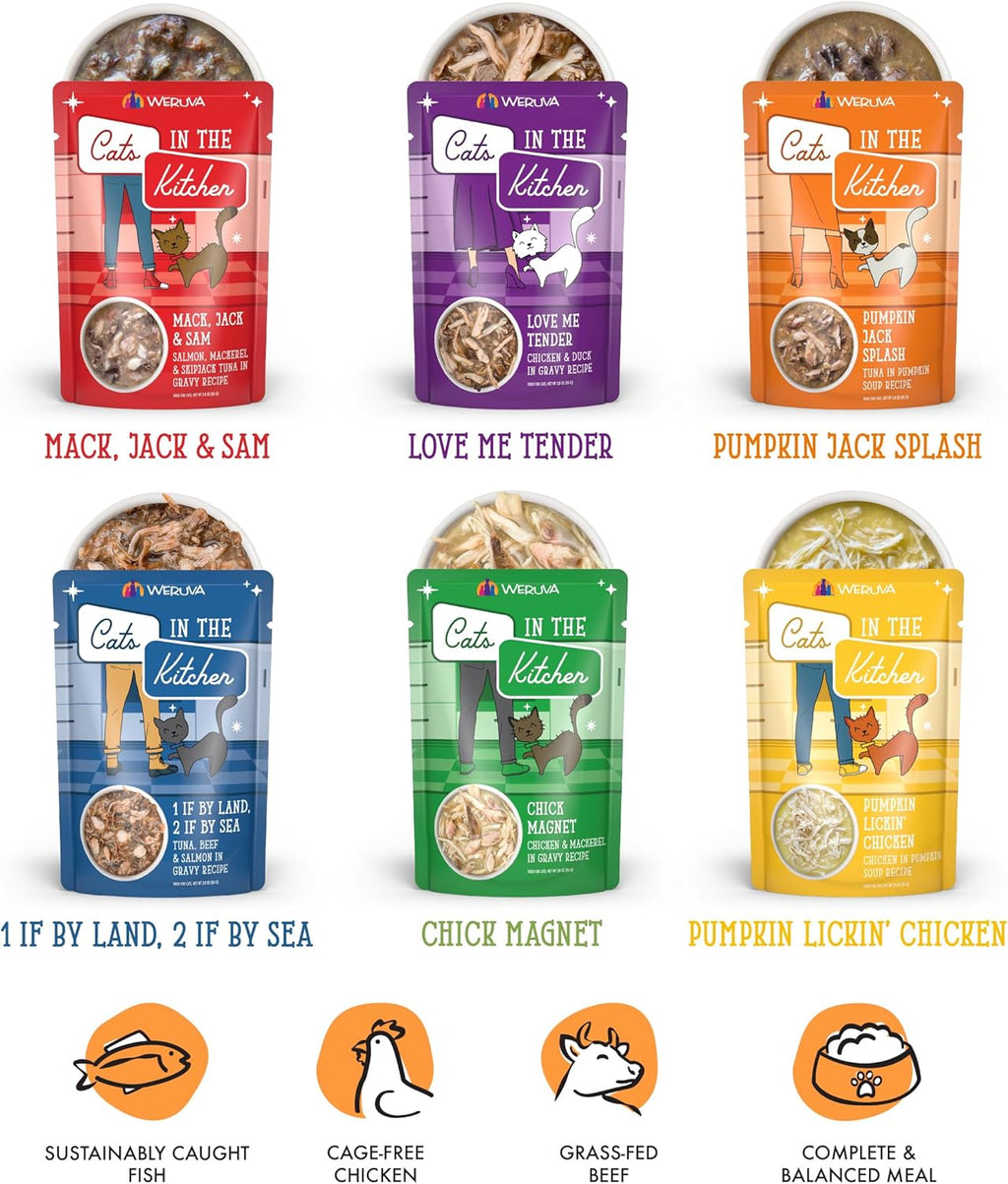 Assorted Weruva cat food pouches featuring chicken and fish recipes