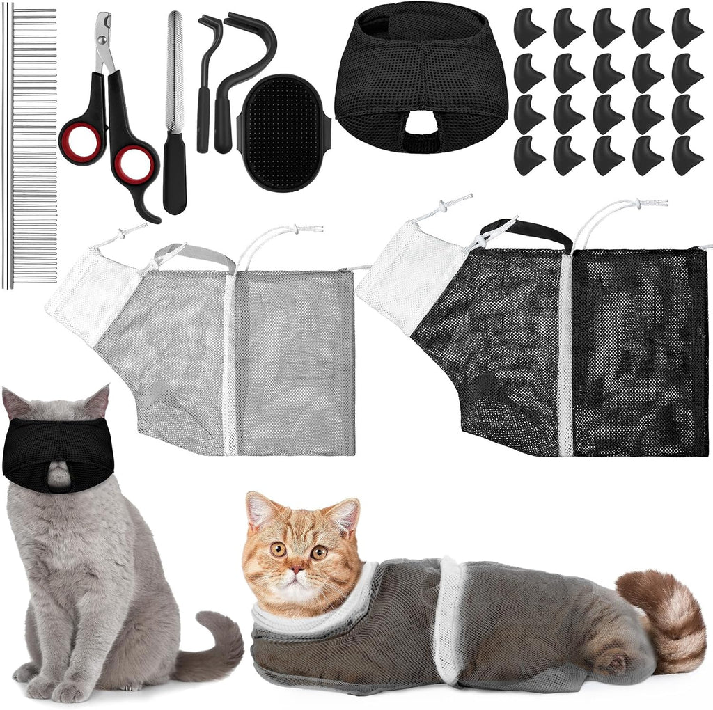 Kritkin 10 piece cat bathing bag set and grooming kit front view featuring gray and black mesh bags