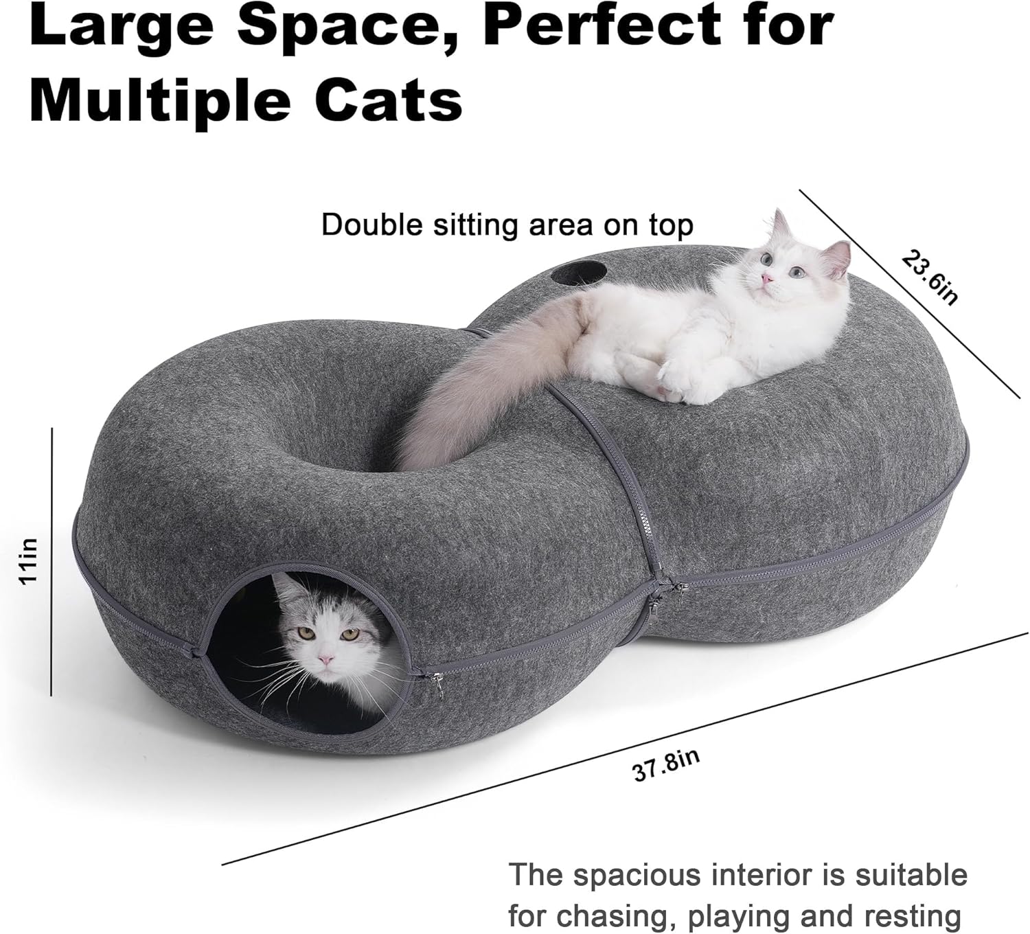 Figure eight peekaboo cat cave with cats playing inside the interconnected tunnels.