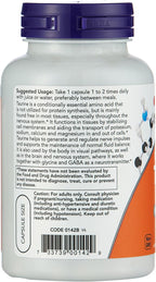 Authentic NOW Foods Taurine 1000mg supplement bottle showing the supplement facts and dietary preference labels.
