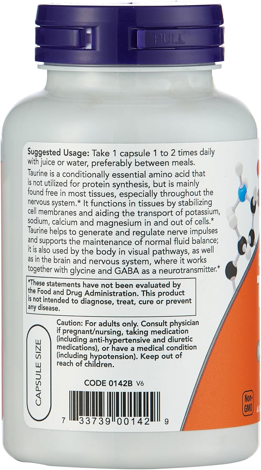 Authentic NOW Foods Taurine 1000mg supplement bottle showing the supplement facts and dietary preference labels.