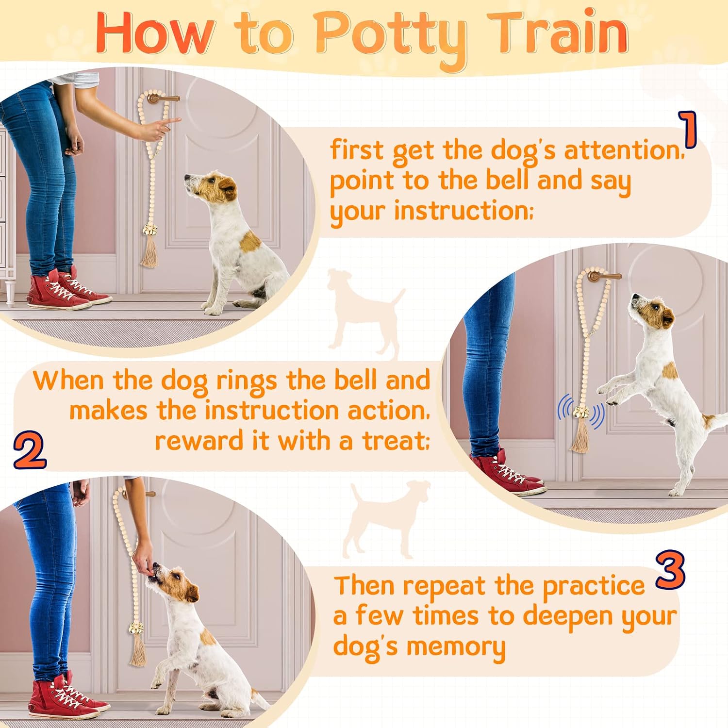 Set of white gray and wood color dog door bells for home