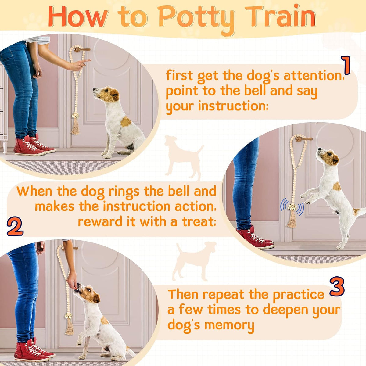 Set of white gray and wood color dog door bells for home
