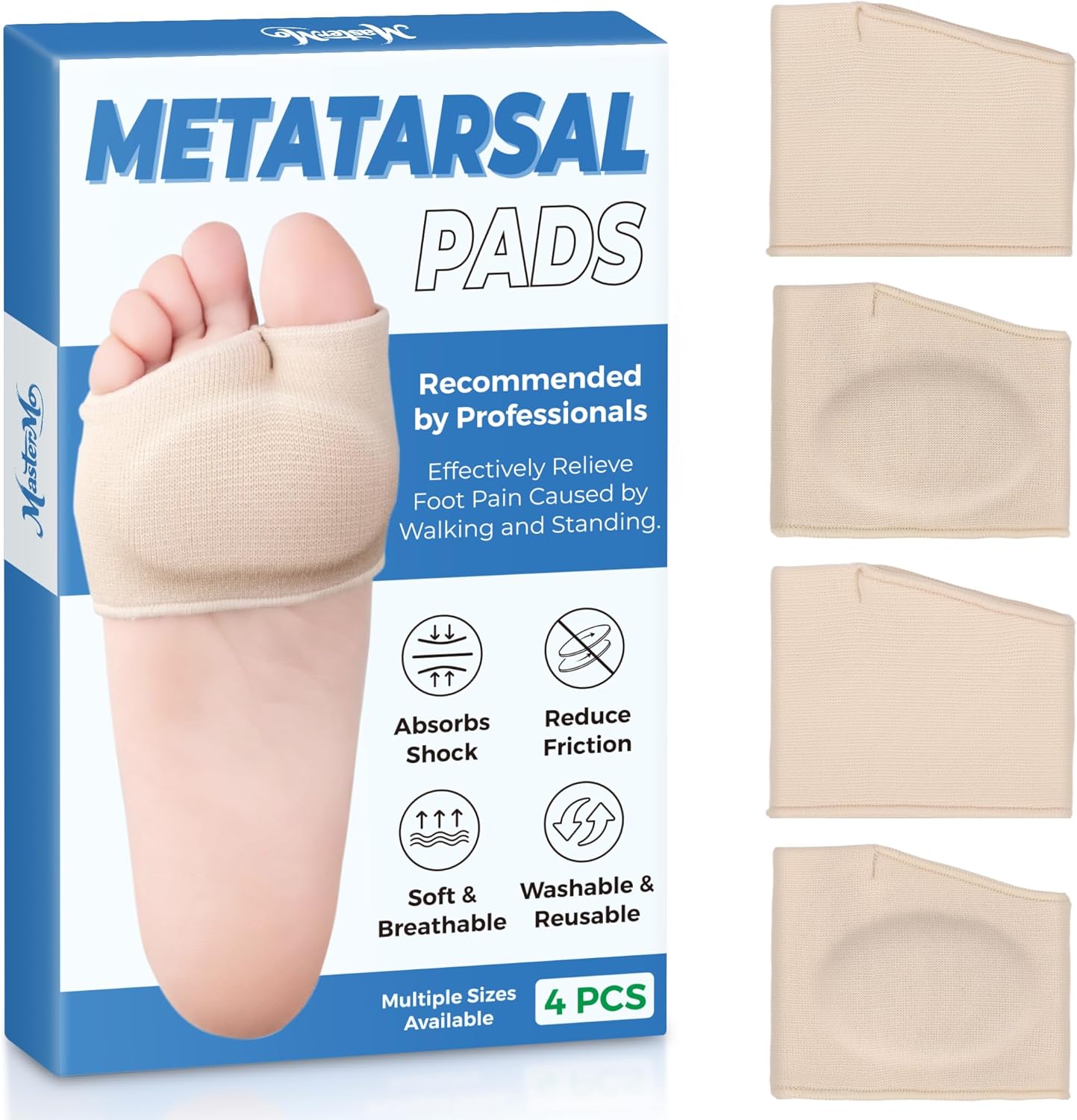 MasterMo Metatarsal Pads front view showing beige fabric sleeve and gel insert placement.