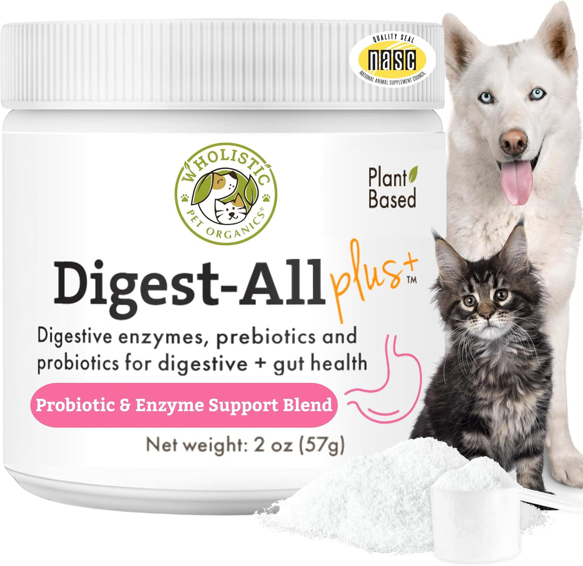Wholistic Pet Organics Digest-All Plus probiotic powder jar front view for pet digestive health