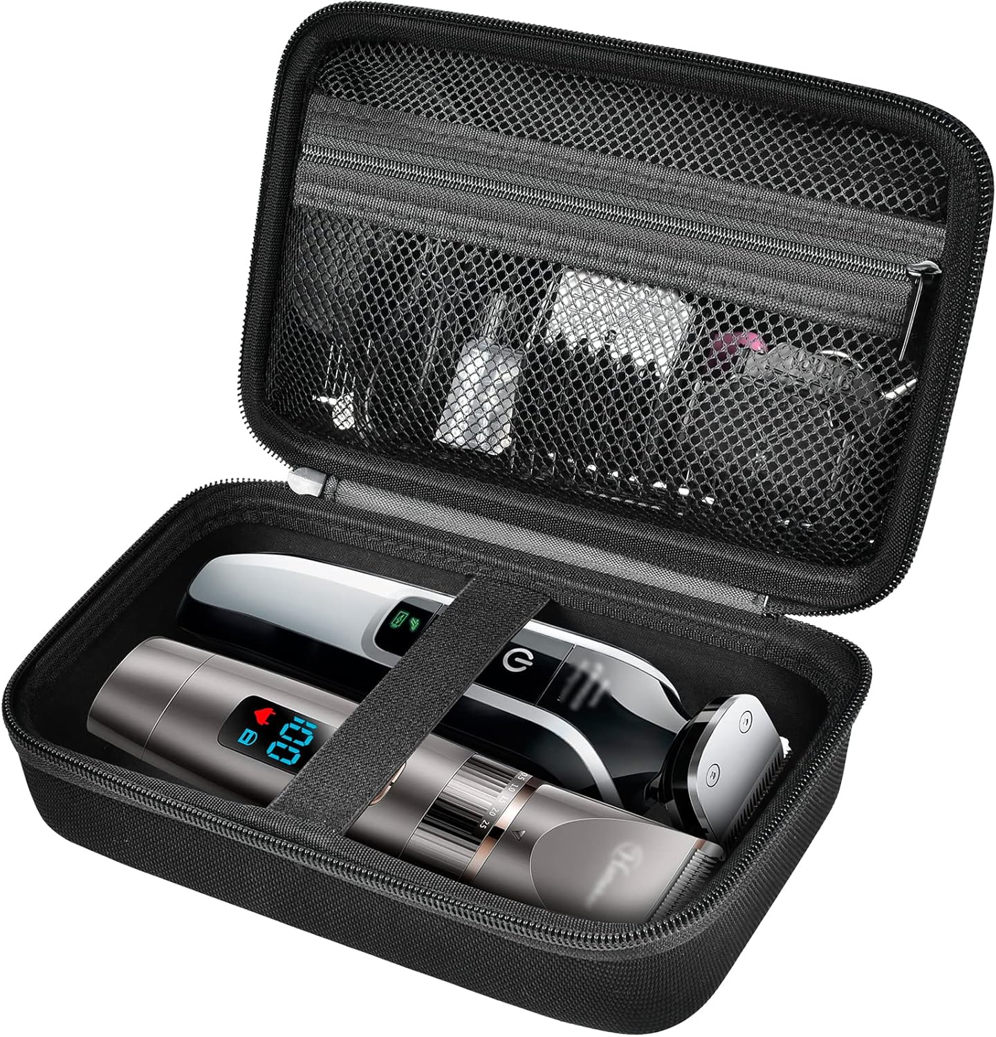 Comecase protective hair clipper storage case front view showing black shell and black zipper