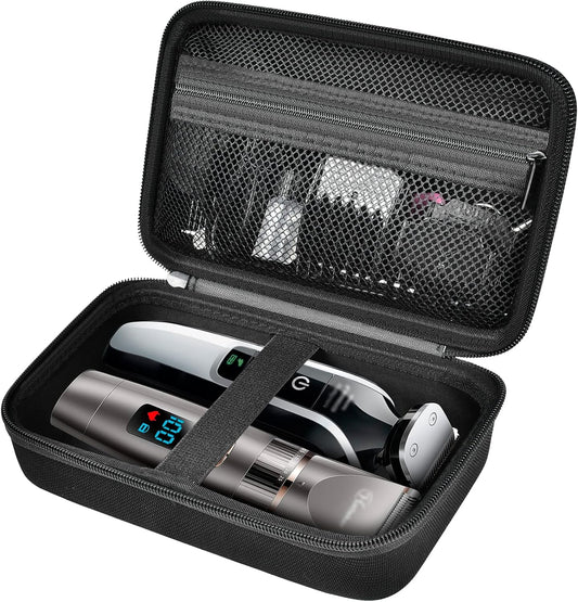 Comecase protective hair clipper storage case front view showing black shell and black zipper