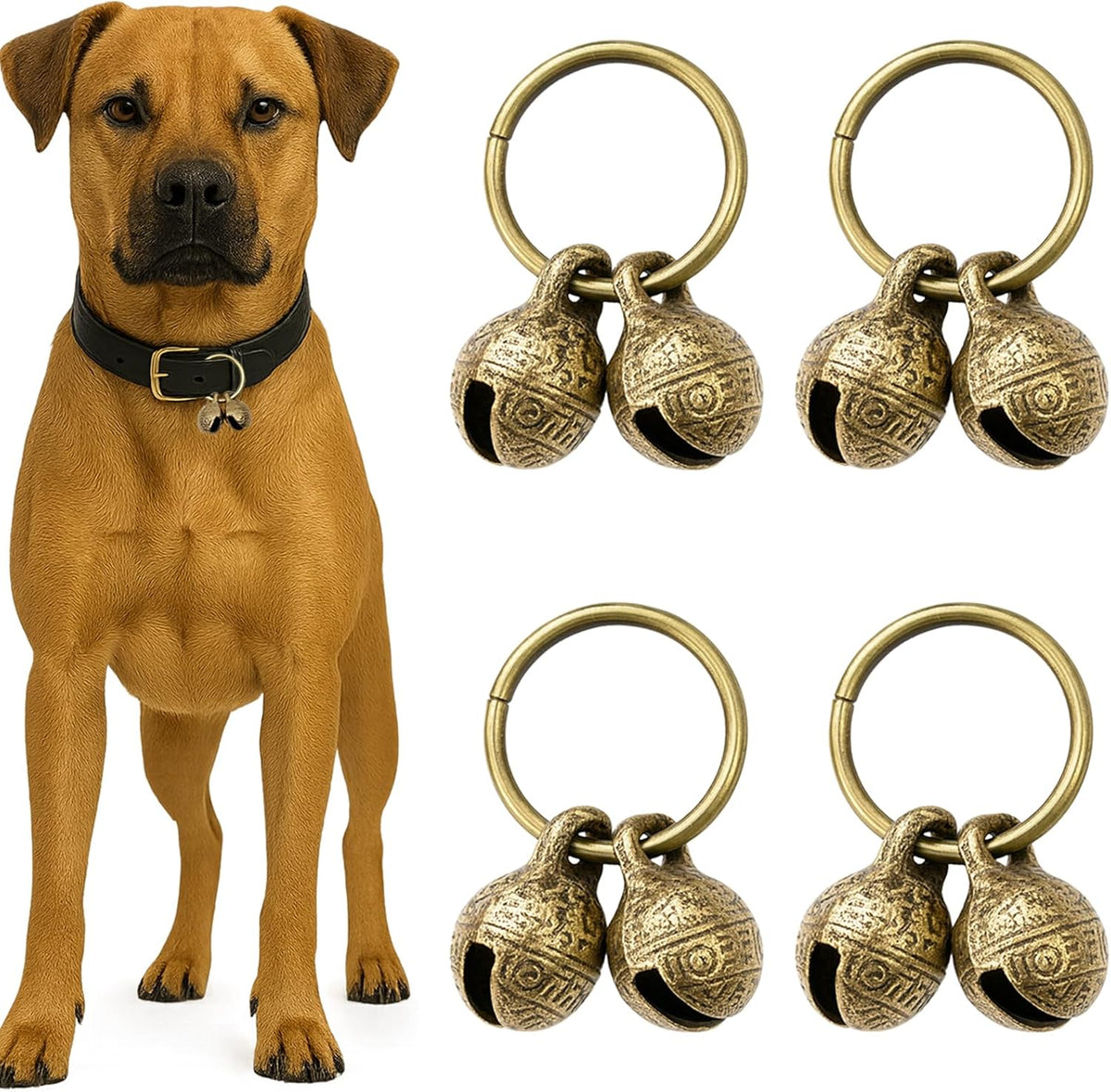 Attkryy brass pet collar bells front view on a pet collar.