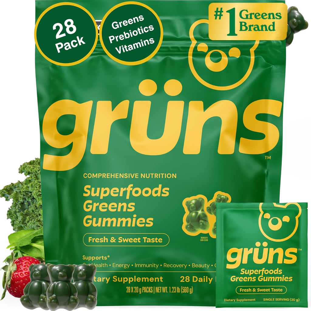 GrÃ¼ns Adult Super Greens Multivitamin Gummies front view pouch containing twenty eight individual daily snack packs for comprehensive nutrition.