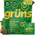 GrÃ¼ns Adult Super Greens Multivitamin Gummies front view pouch containing twenty eight individual daily snack packs for comprehensive nutrition.