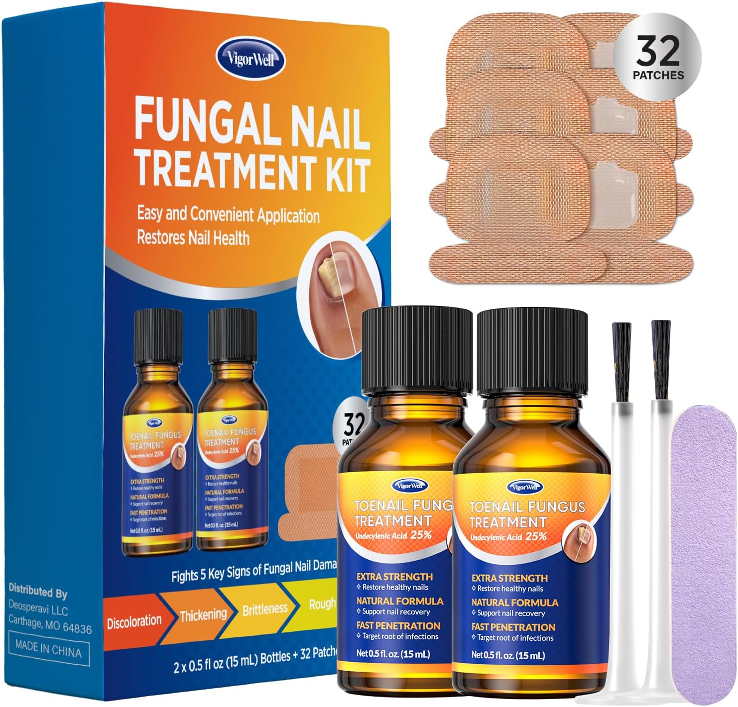 VigorWell Toenail Treatment Extra Strength Kit front view showcasing repair liquid and patches for damaged nails.