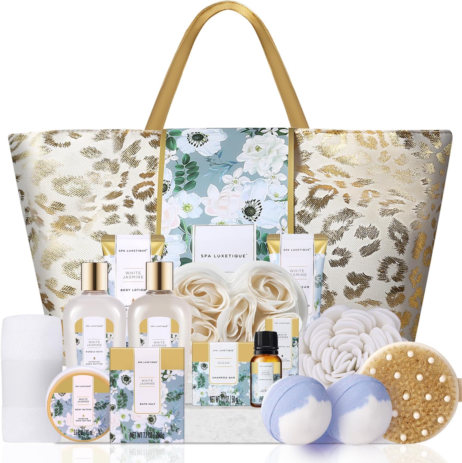 Spa Luxetique 15 piece white jasmine luxury spa gift basket front view