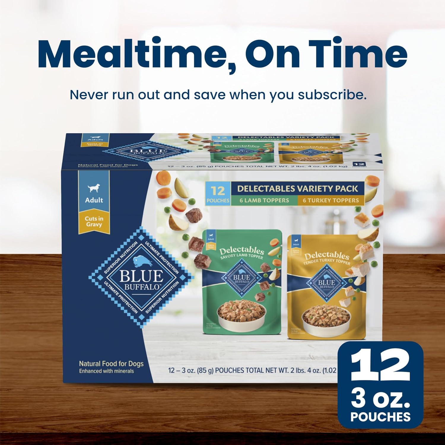 Blue Buffalo Delectables Variety Pack Natural Wet Dog Food Topper (Savory Lamb & Tender Turkey) Tender Cuts in Gravy with Natural Ingredients, Vitamins & Minerals, 3-oz. Each (12 Pouches) - Image 10