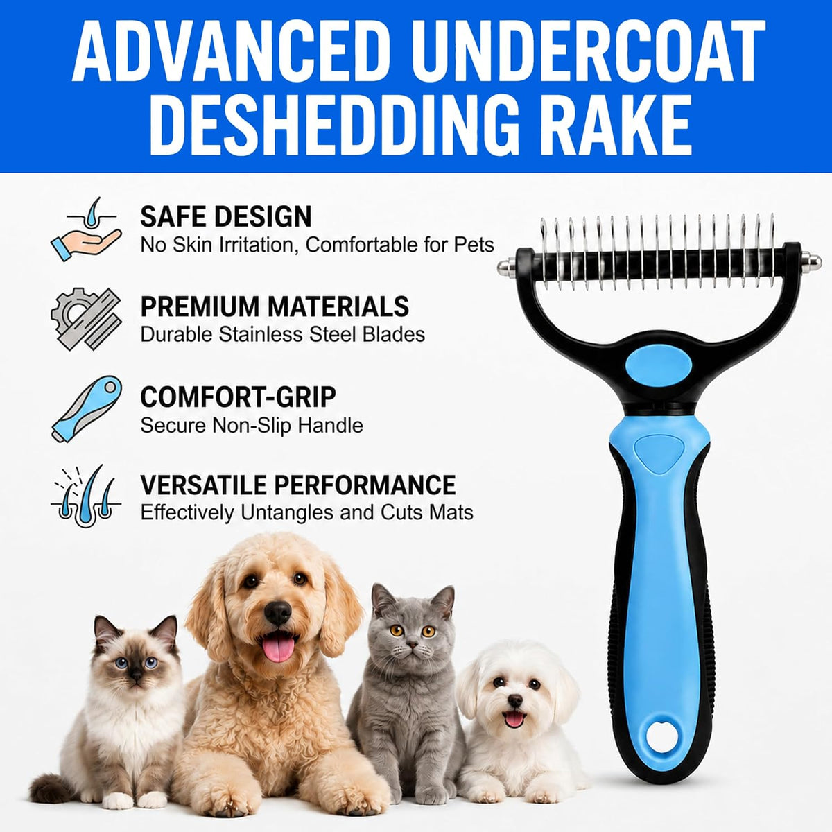 Bggmn pet grooming rake effectively removing loose undercoat fur from a dog