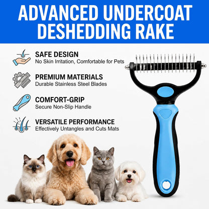 Bggmn pet grooming rake effectively removing loose undercoat fur from a dog