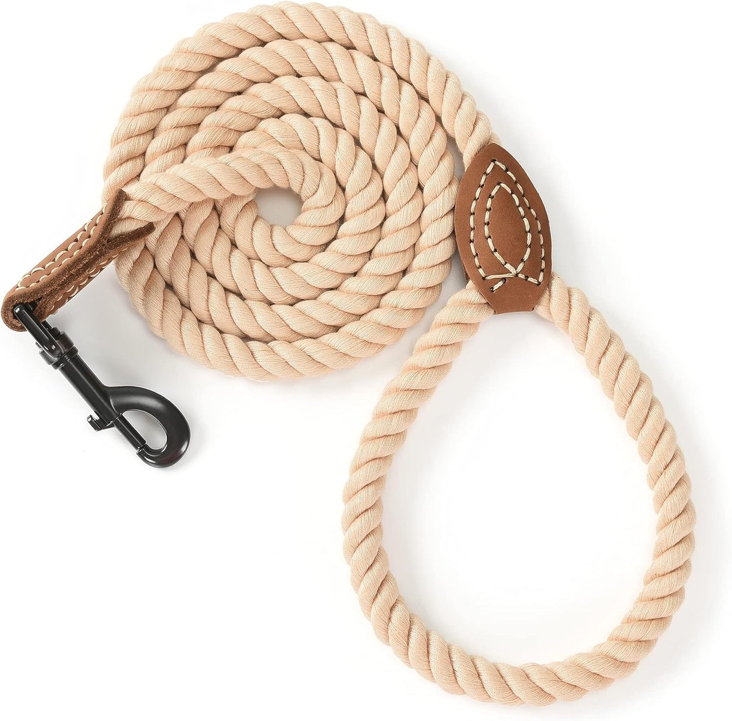 Side view of the complete Mile High Life braided rope leash package with leather accents and durable hardware.