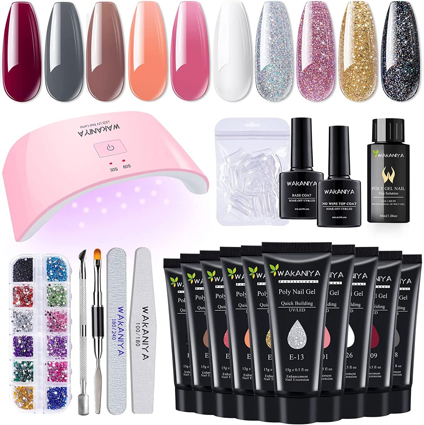 Wakaniya poly gel nail kit front view with UV lamp and 10 gel colors.