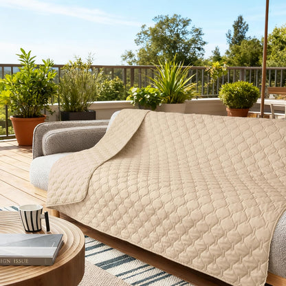 Closer shot of the scratch resistant fabric weave on the beige pet blanket