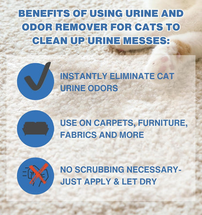 Premium imported cat urine odor neutralizer bottle shown next to mattress