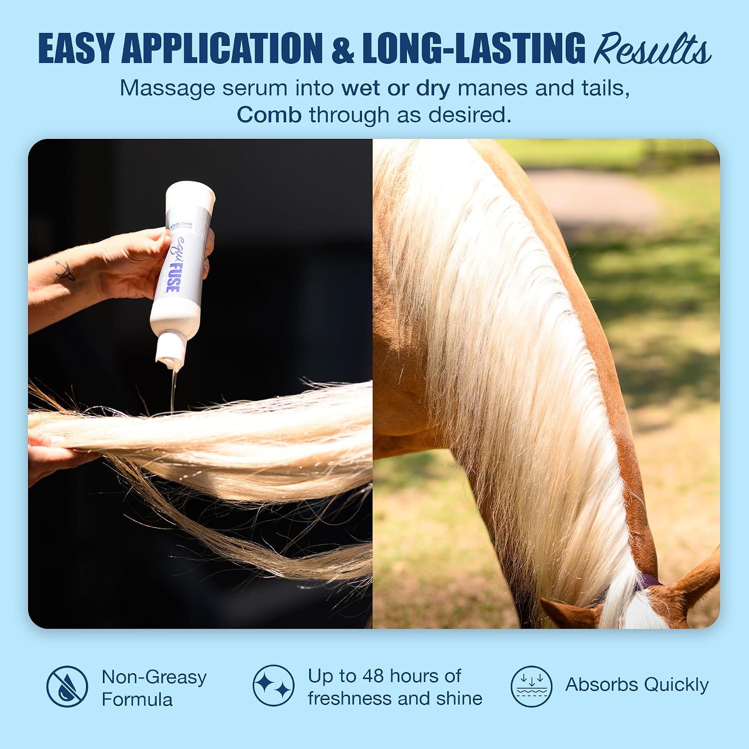 EquiFUSE Gleam non greasy horse shine serum bottle highlighting dust repelling properties.