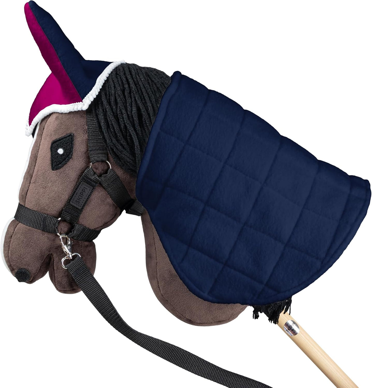 Premium European crafted SKIPPI hobby horse gear set in fuchsia and navy.