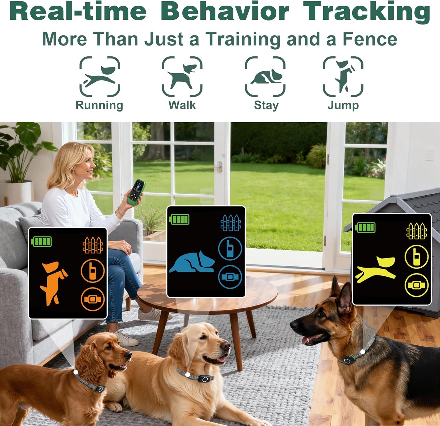 Patpet anti-bark collar and wireless fence receiver showing rechargeable battery points and premium strap design